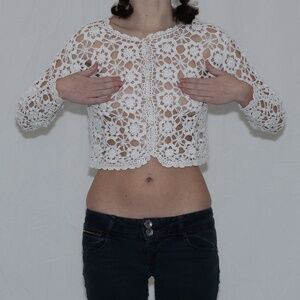 Vintage 90s white crochet cardigan beaded size small/medium new york style